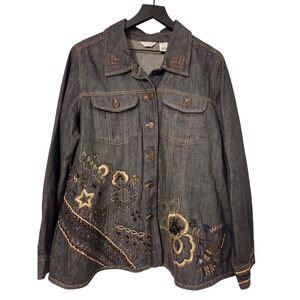 Laura Ashley Woman 1X Denim‎ Jacket Embellished Beaded Sequined Star Floral